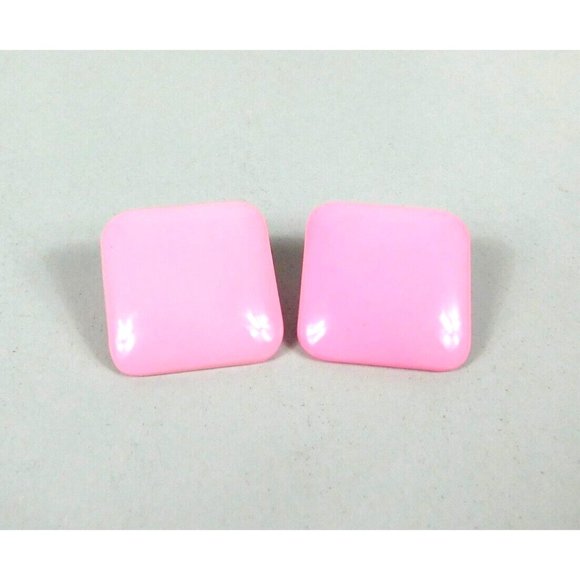 Pink Oversized Square Button Style Pierced Earrings Pushback Closure - Picture 7 of 7